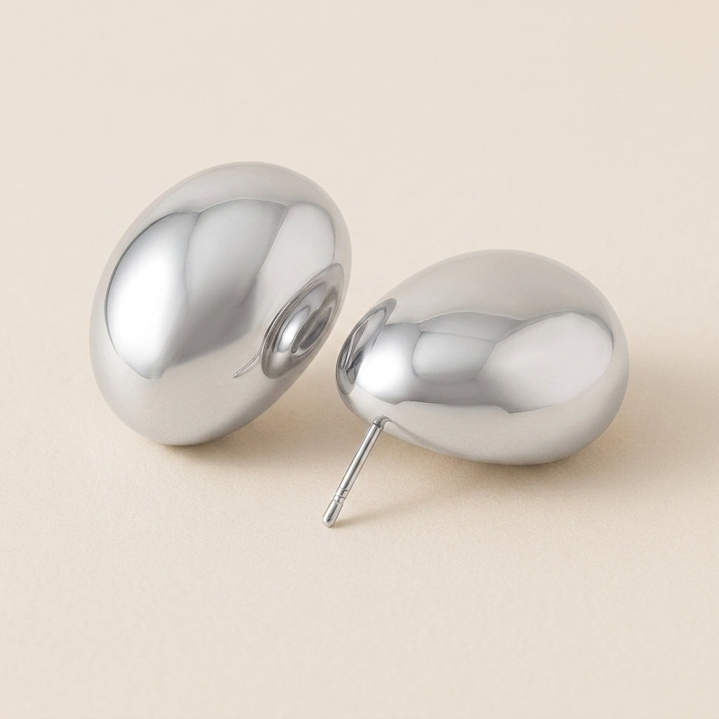 Glossy Silver Dome Stud Earrings