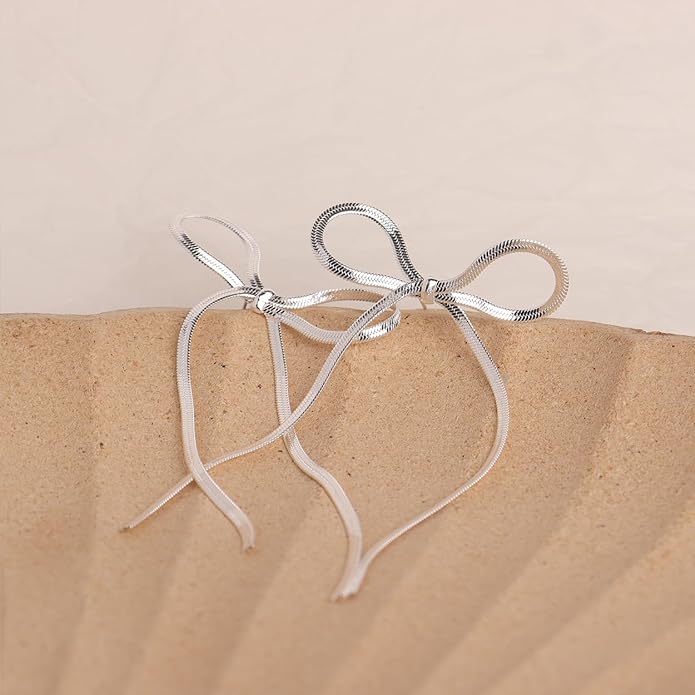 SIlver Bow Ribbon Drop Earrings