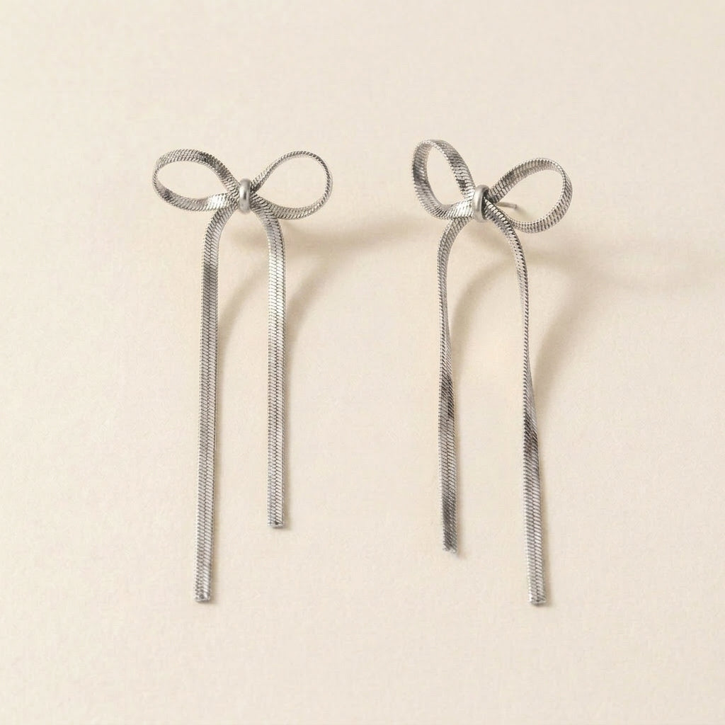 SIlver Bow Ribbon Drop Earrings