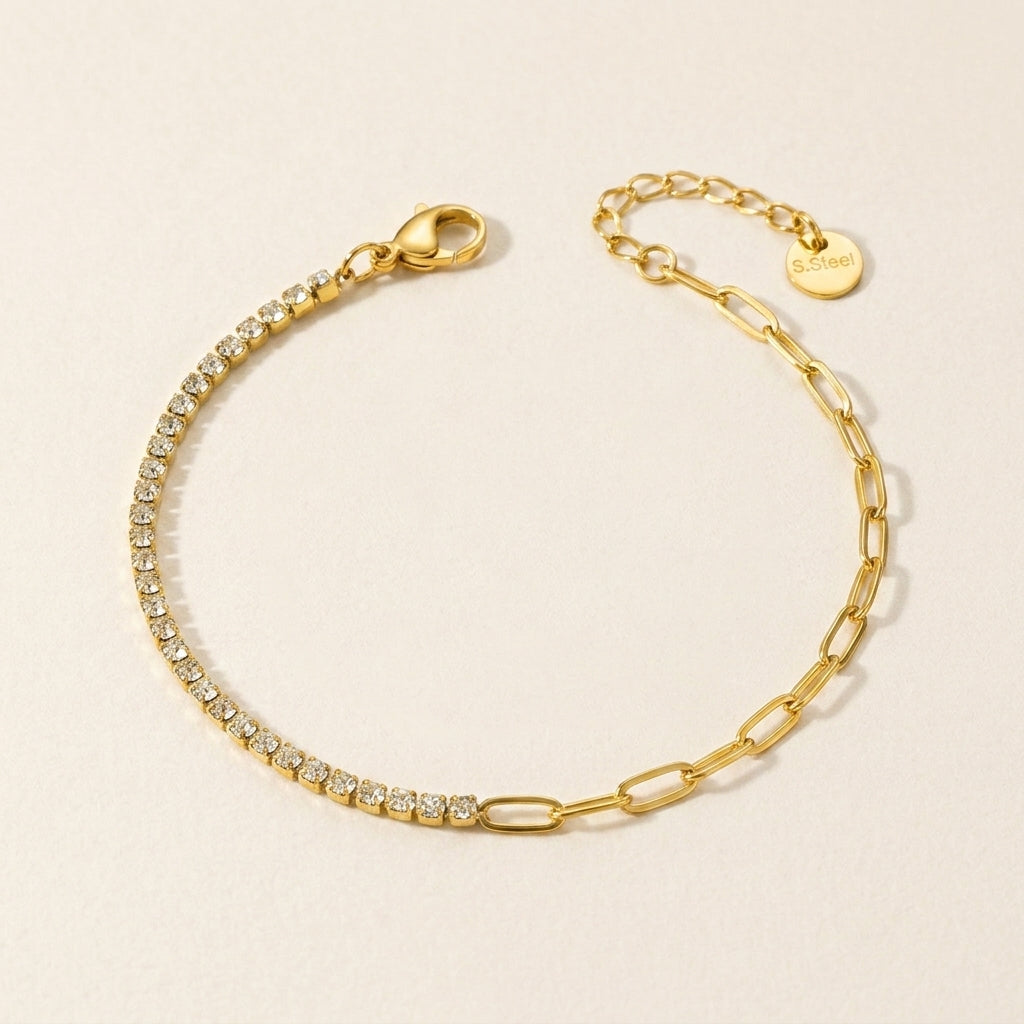 Gold Half Tennis Half Paperclip Diamond Chain Bracelet
