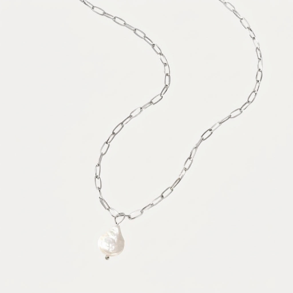 Silver Paperclip Necklace with Pearl Pendant