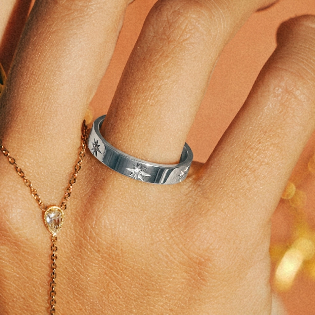 Silver Starburst Crystal Band Ring