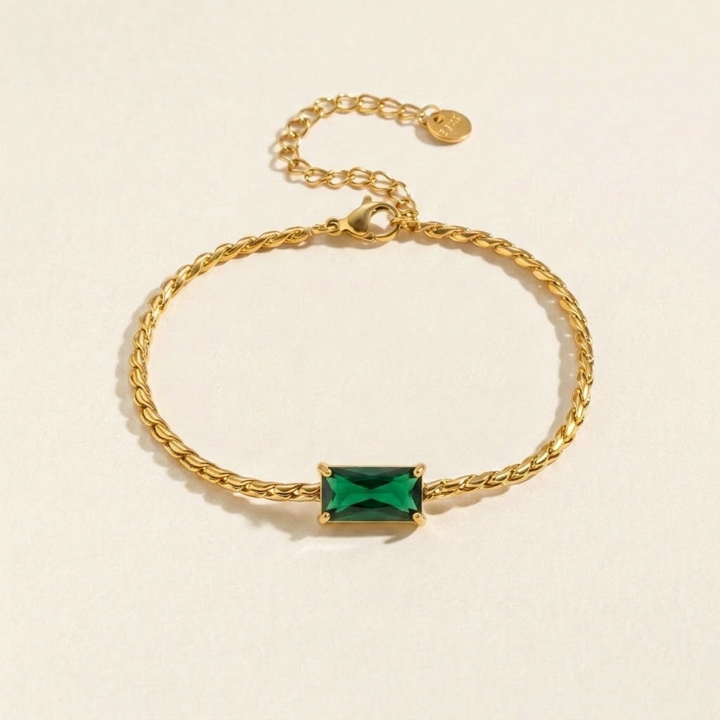 Gold Rope Chain Crystal Emerald Charm Bracelet