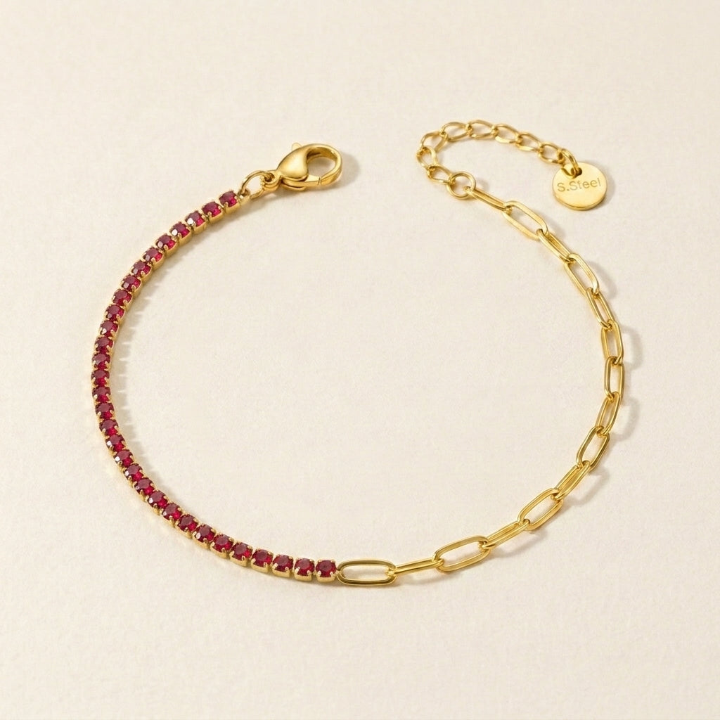 Gold Half Tennis Half Paperclip Ruby Chain Bracelet