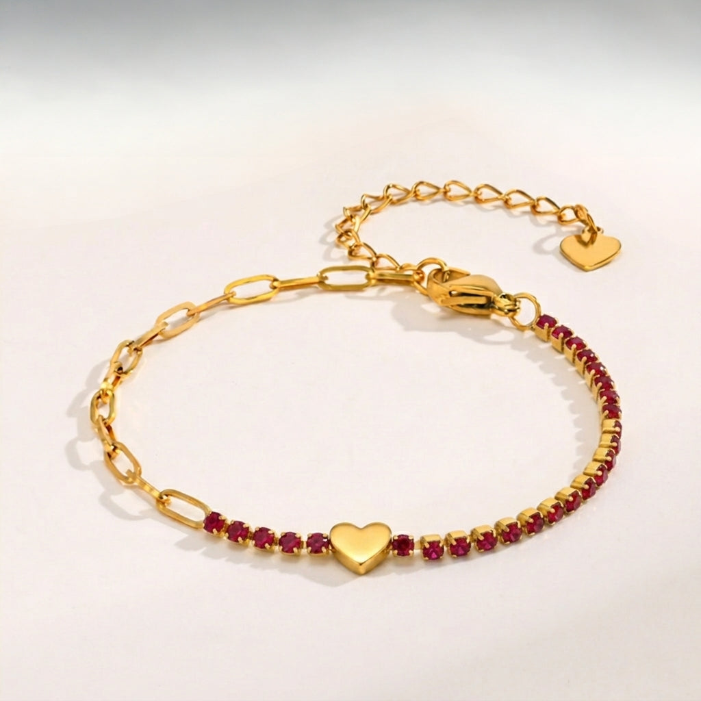 Gold Half Tennis Half Paperclip Ruby Chain Bracelet