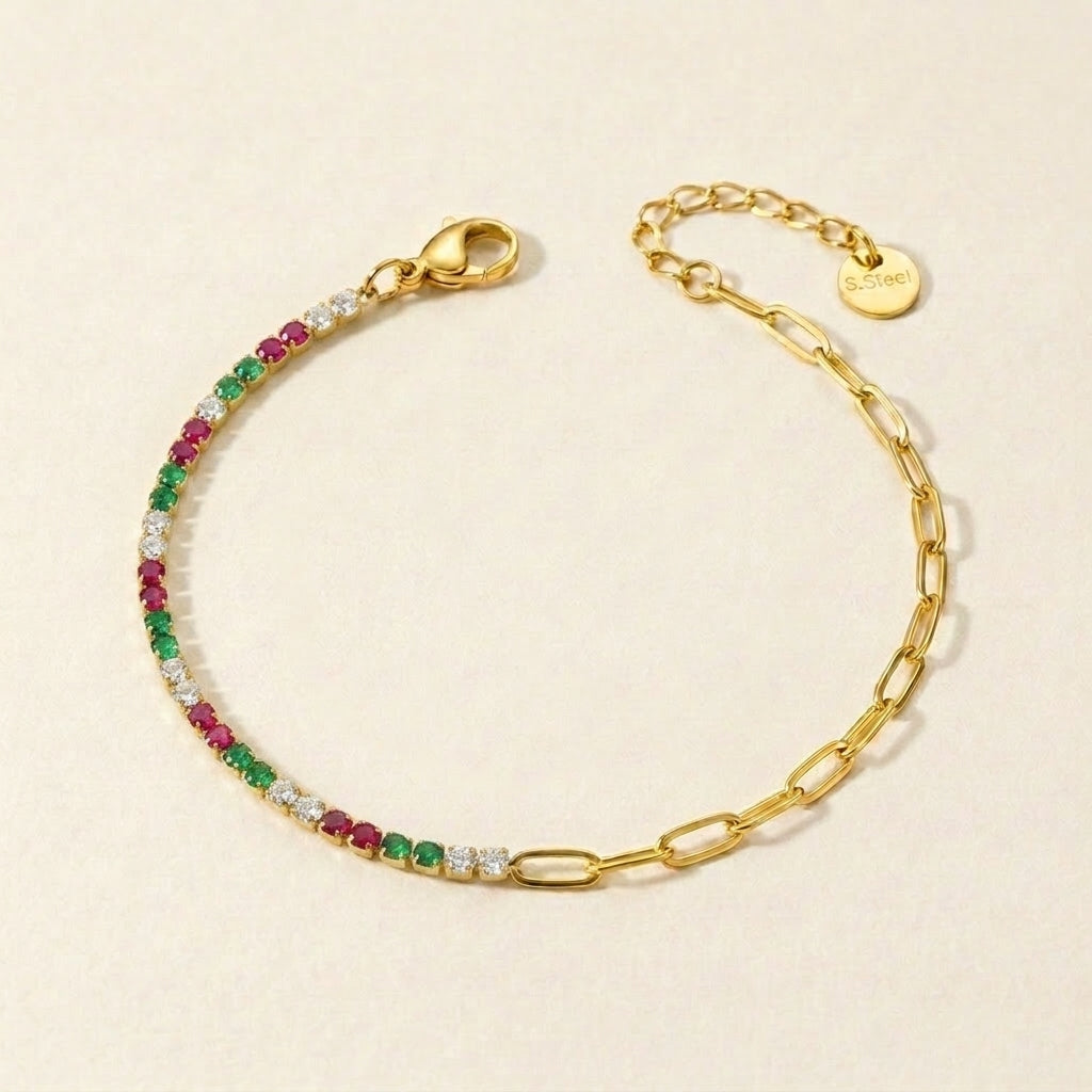 Gold Half Tennis Half Paperclip Multicolor Chain Bracelet