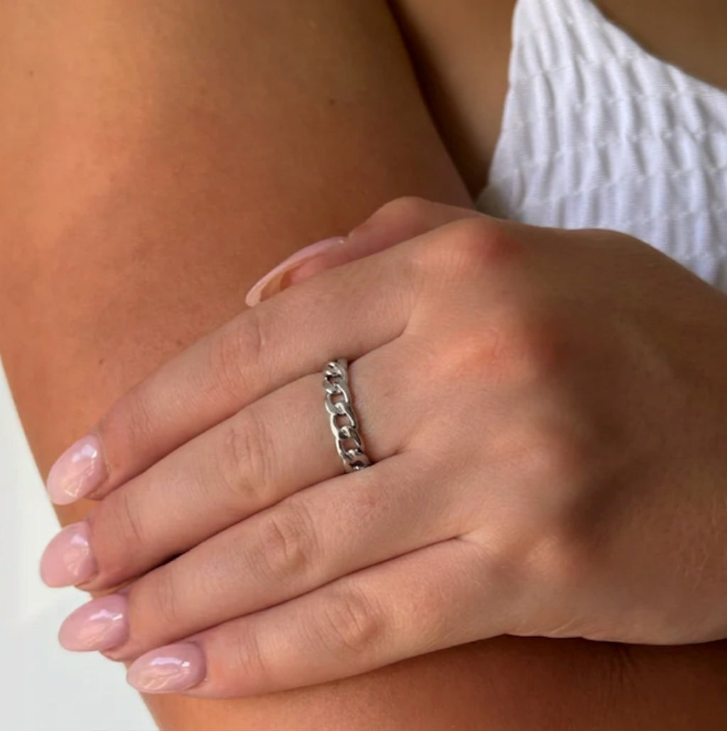 Silver Cuban Link Chain Band Ring