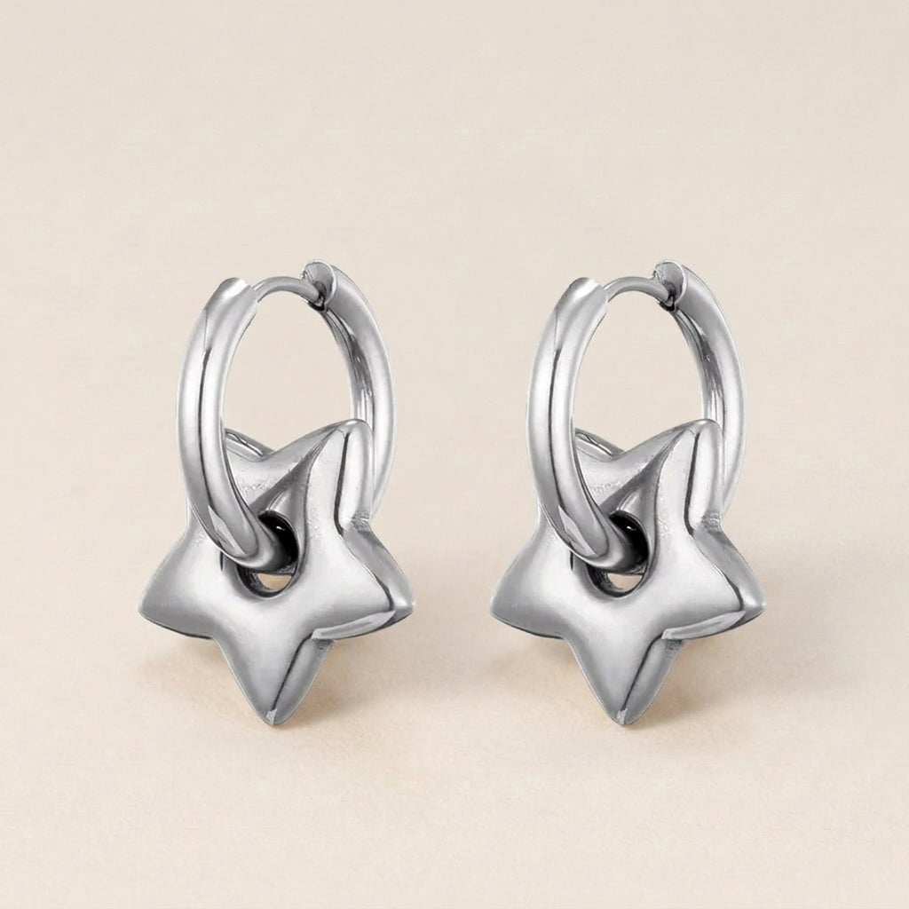 Silver Star Charm Huggie Hoop Earrings
