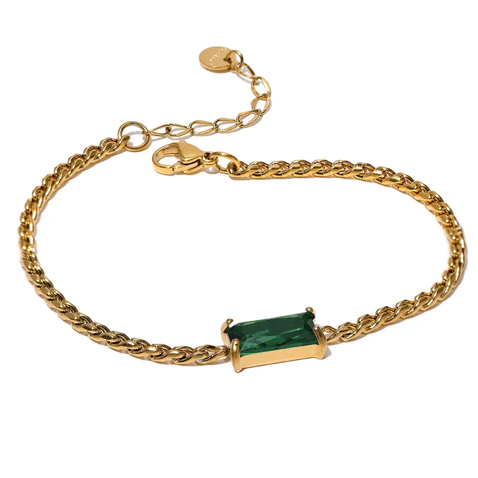 Gold Rope Chain Crystal Emerald Charm Bracelet
