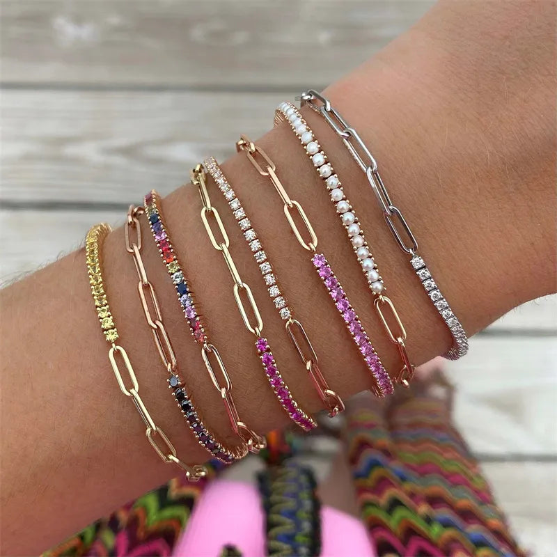 Gold Half Tennis Half Paperclip Multicolor Chain Bracelet