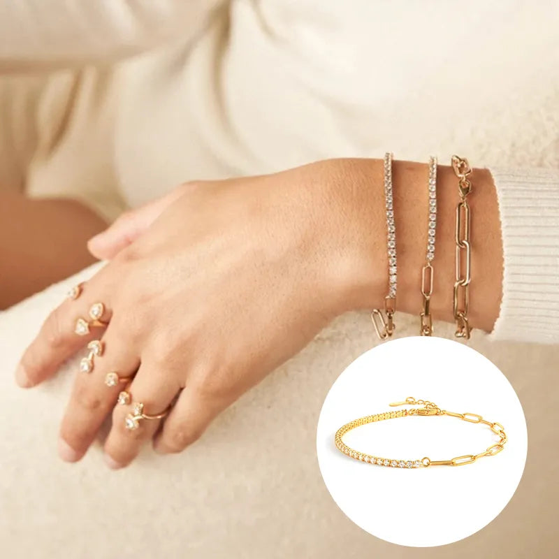 Gold Half Tennis Half Paperclip Multicolor Chain Bracelet