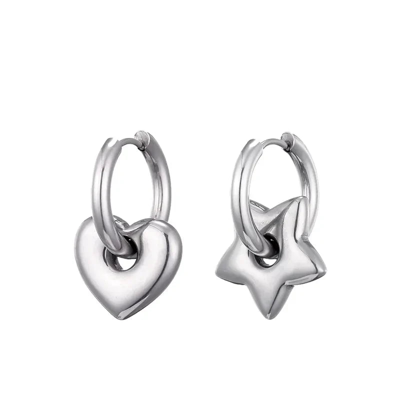 Silver Mismatched Gold Heart & Star Charm Huggie Hoop Earrings