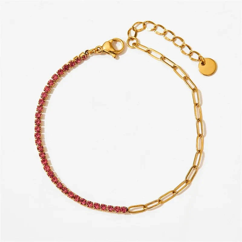 Gold Half Tennis Half Paperclip Ruby Chain Bracelet