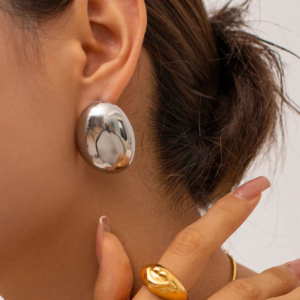 Glossy Silver Dome Stud Earrings