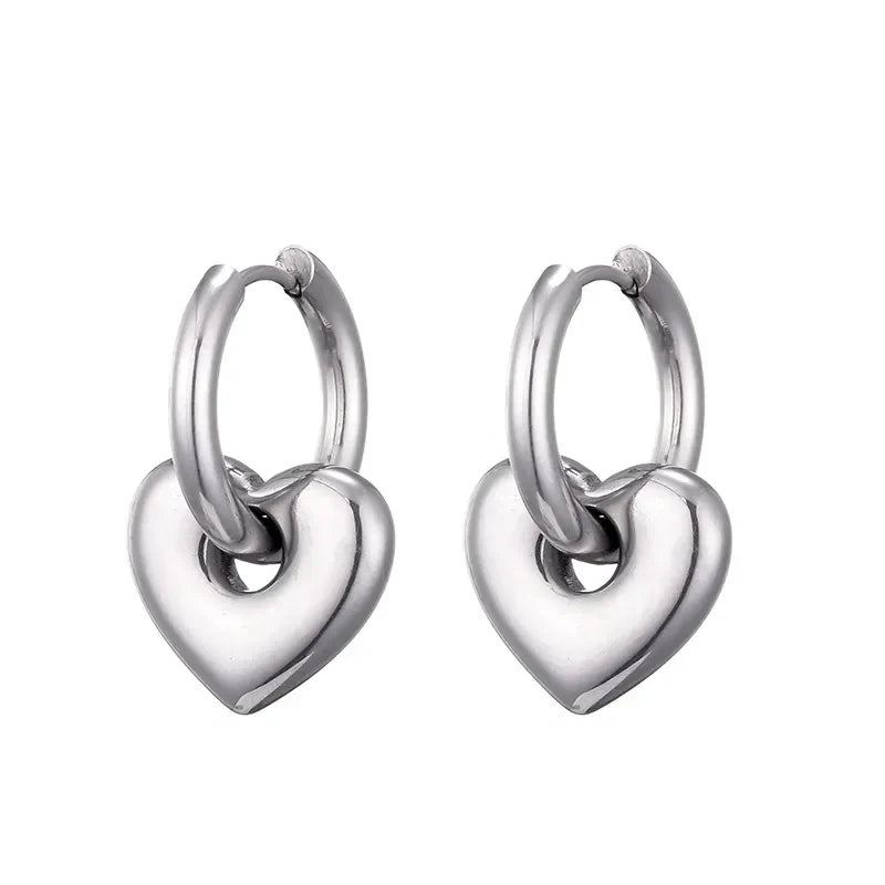 Silver Heart Charm Huggie Hoop Earrings