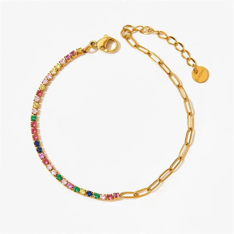 Gold Half Tennis Half Paperclip Multicolor Chain Bracelet