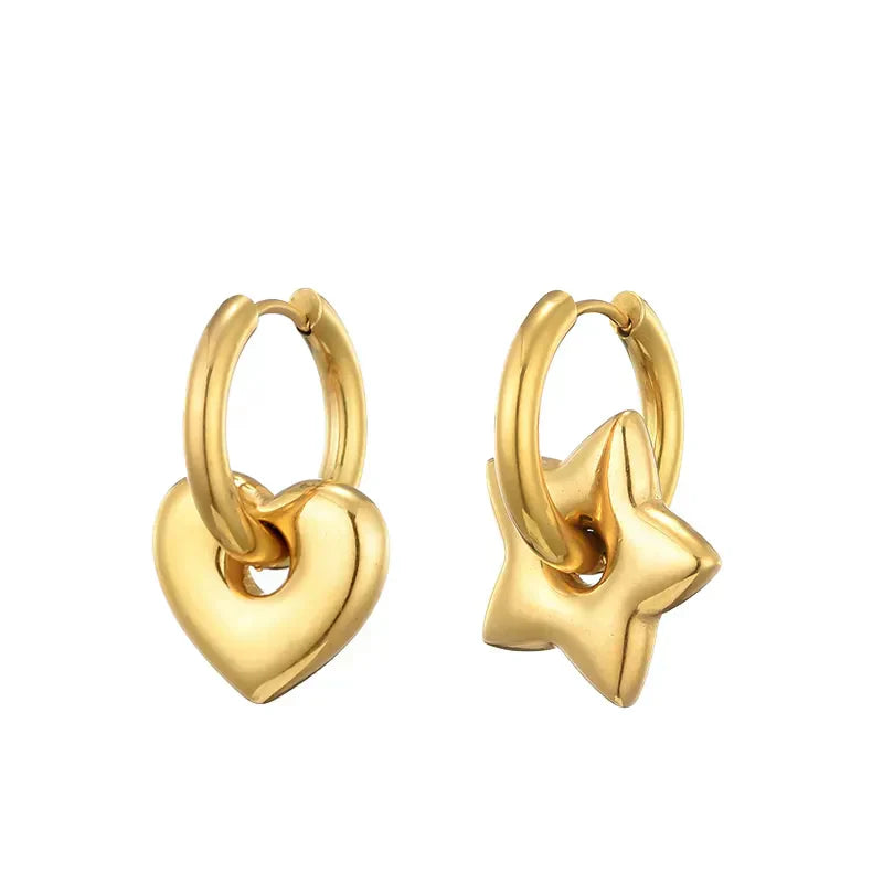 Mismatched Gold Heart & Star Charm Huggie Hoop Earrings