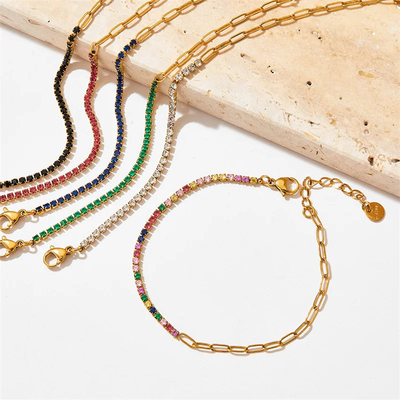 Gold Half Tennis Half Paperclip Ruby Chain Bracelet