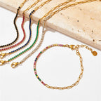 Gold Half Tennis Half Paperclip Multicolor Chain Bracelet