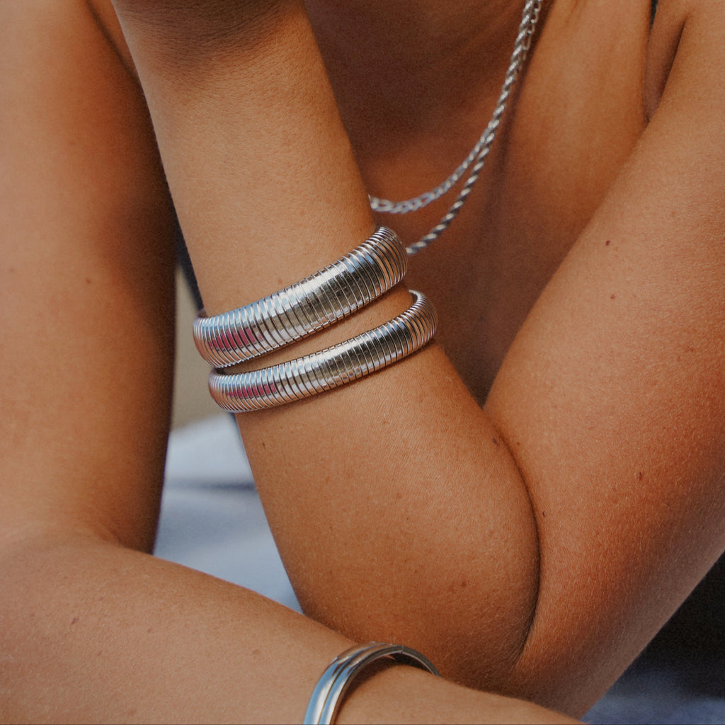 Ribbed Silver Stretch Bracelet