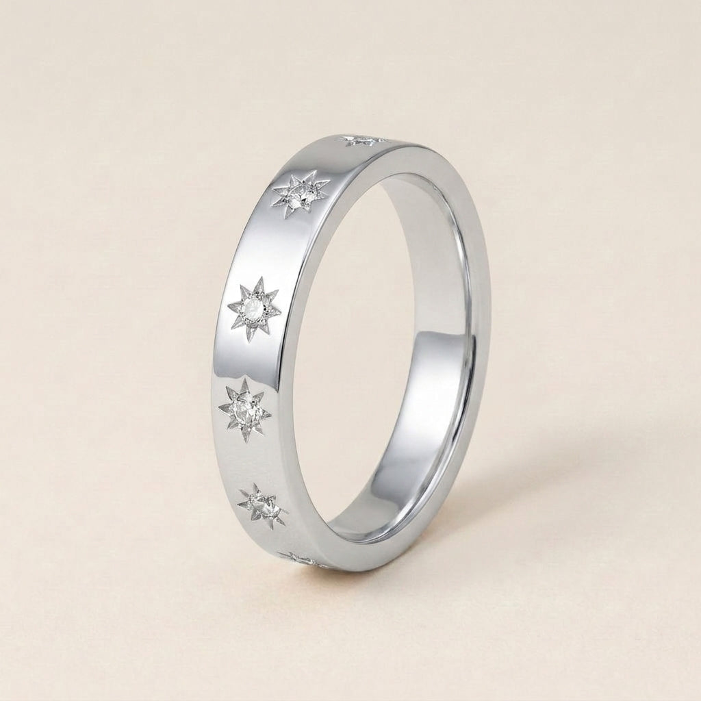 Silver Starburst Crystal Band Ring