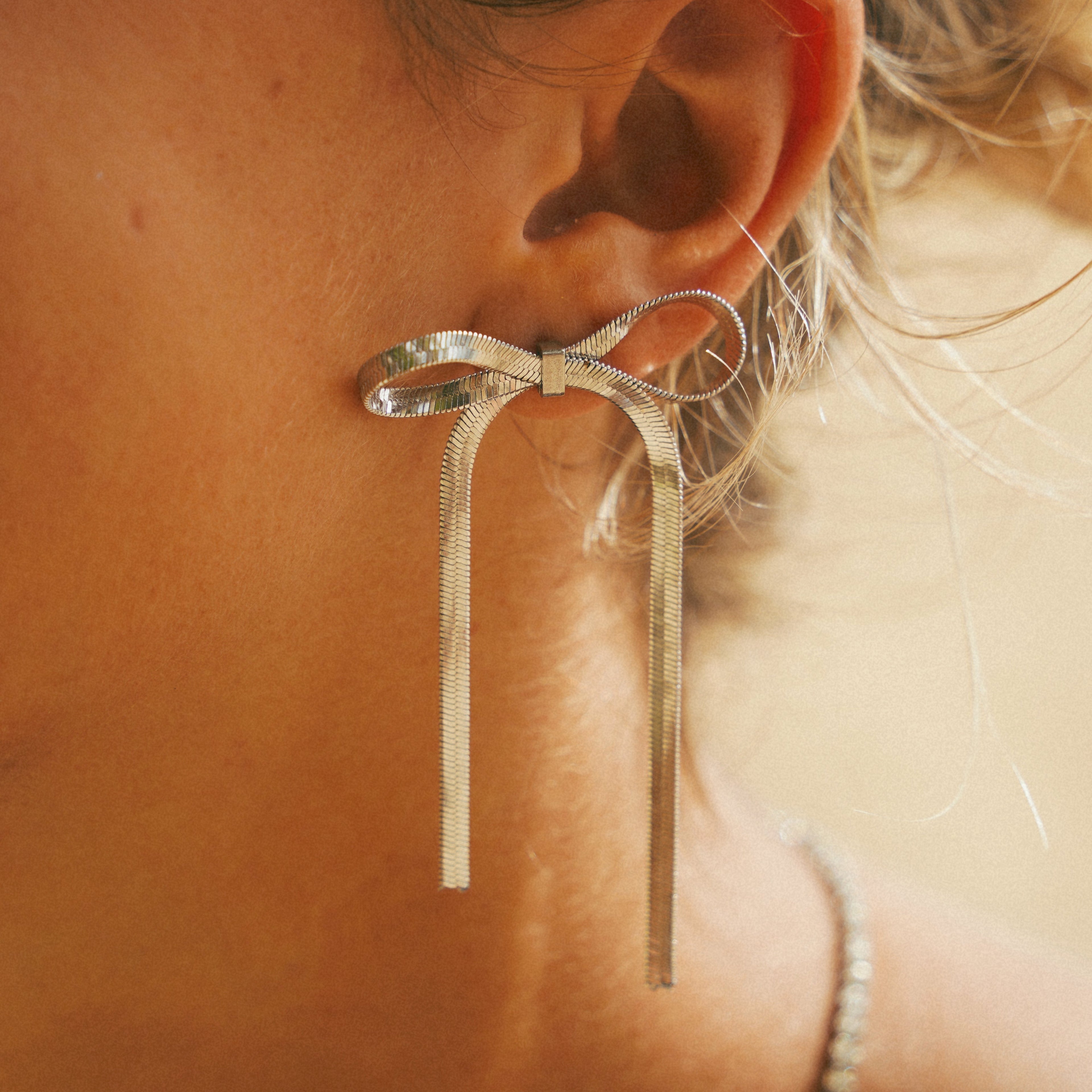 SIlver Bow Ribbon Drop Earrings