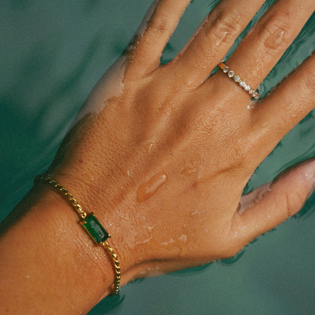 Gold Rope Chain Crystal Emerald Charm Bracelet